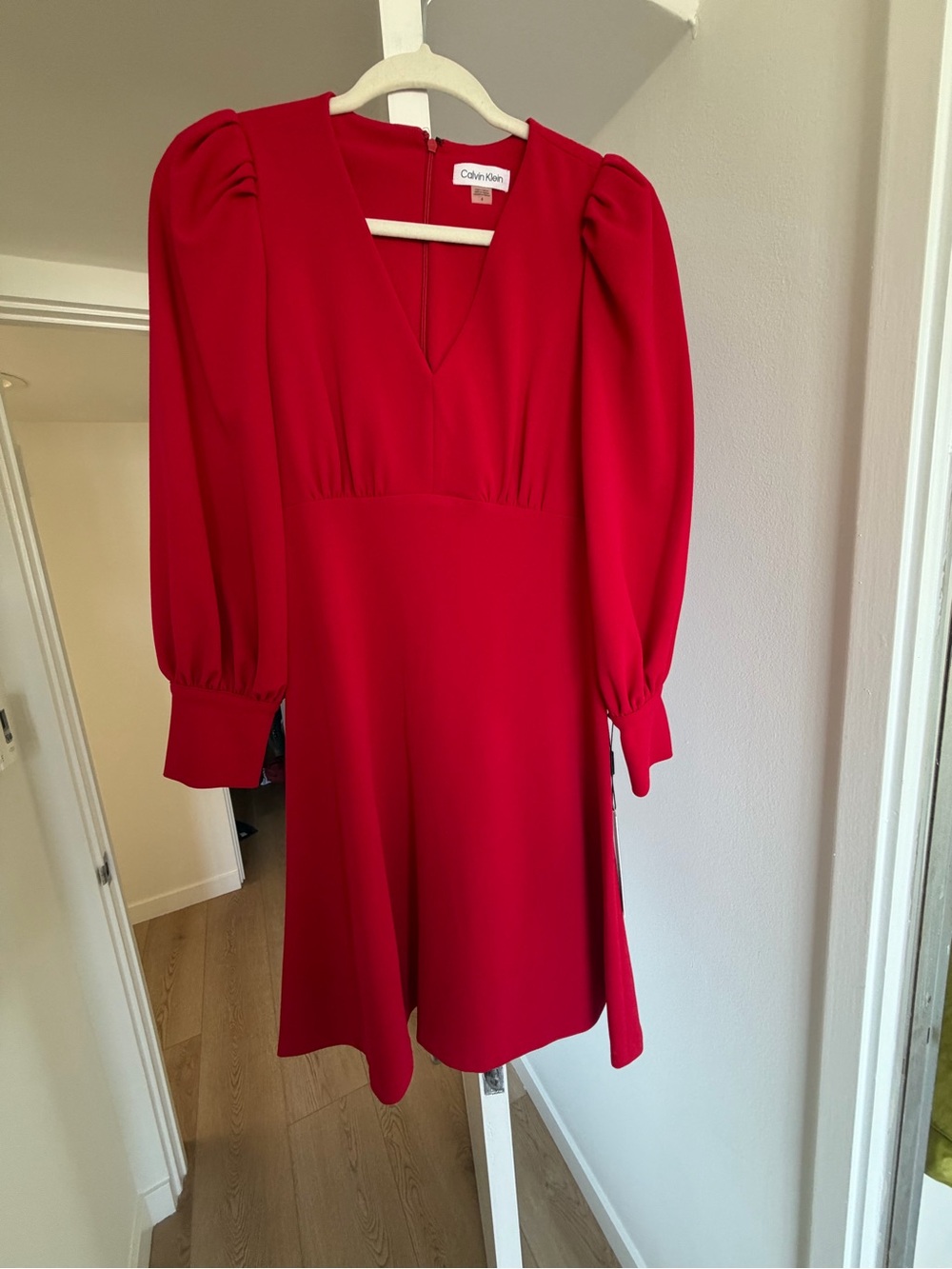 Calvin Klein Bold Red V-Neck Mini Dress with Puff Sleeves